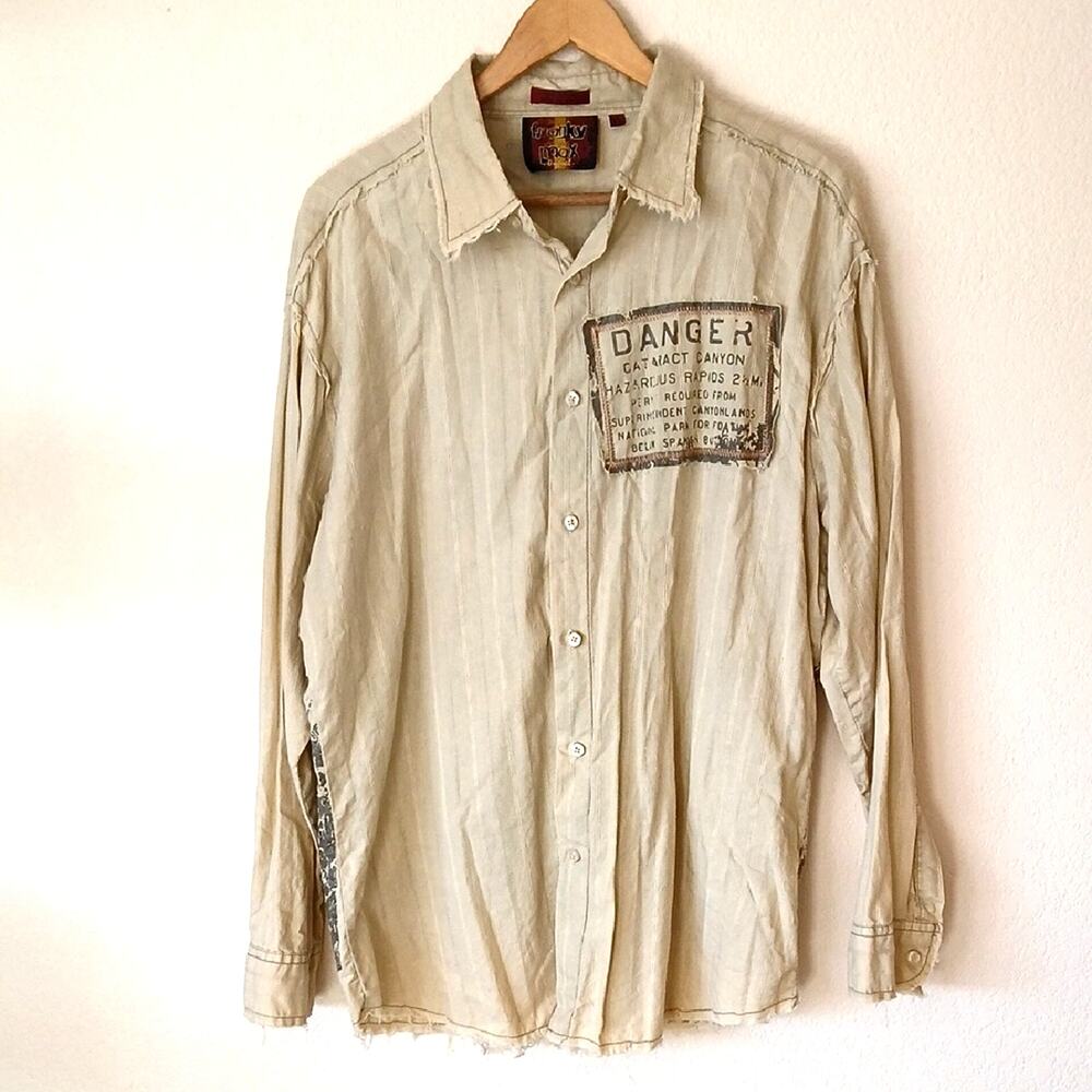 Franky Max Button Up Shirt Beige Patches High Voltage Raw Hems